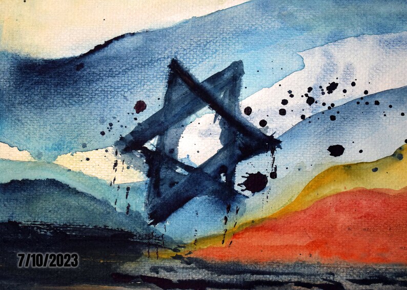 May include: Abstract watercolor painting with a large black Star of David in the center. The background is a mix of blue, white, and yellow watercolor washes with black splatters.