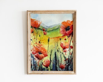 Levendige papaverveld aquarel schilderij, heldere weide kunst, afdrukbare bloemen muur decor, rode bloemen artwork, levendige natuur poster