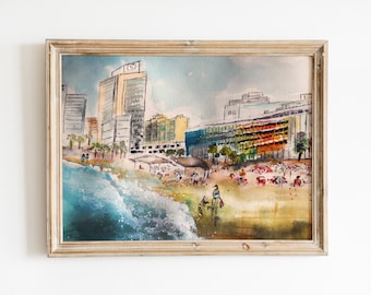Tel Aviv Beach Printable Wall Art, Urban Watercolor Cityscape, Mediterranean Sea Painting, Colorful Coastal Decor, Digital Download