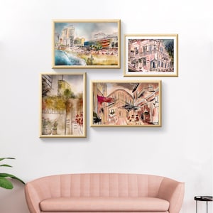 Tel Aviv Ocean and City Wall Art Set of 4 Prints Watercolor Handmade Paintings Printable Israeli Urban A3 Gallery Bundle Digital Download