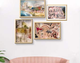 Tel Aviv Ocean and City Art Set of 4, Watercolor Handmade Paintings, Printable Israeli Urban Prints, A3 Gallery Bundle, Digital Download