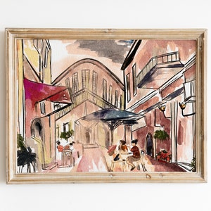 Tel-Aviv Painting Printable Art Watercolor Israel Landscape Urban Print Coral Pink Art Download Digital City Print