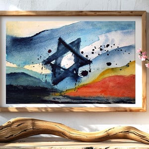 Star of David Painting, Abstract Watercolor Art, Blue Red Modern Wall Decor, Israeli Memorial Poster, Printable Emotional Artwork Download image 2