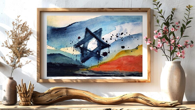 Star of David Painting, Abstract Watercolor Art, Blue Red Modern Wall Decor, Israeli Memorial Poster, Printable Emotional Artwork Download image 2