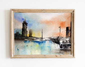 Pintura abstracta de acuarela de paisaje urbano, reflejo expresivo del horizonte urbano, decoración de pared imprimible con atardecer dorado, descarga digital