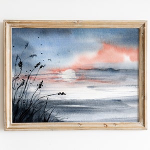 Verträumte weiche Malerei druckbare Aquarell Landschaft Kunst handgemaltes Panorama Wand Dekor Serene Sunset Horizon Poster Natur Downloadables