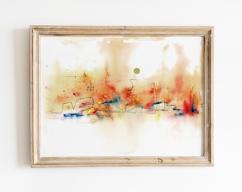 Vibrant Abstract Urban Painting, Watercolor Cityscape Printable Art, Expressive Skyline Poster, Bright Orange and Blue Wall Decor Downloads