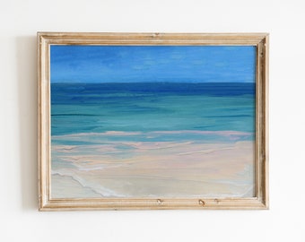 Blue Ocean Art, Pink Sand Blue Beach Painting, Relaxing Printable Poster, Acrylic Coastal Wall Decor, Summer Seascape Hand Painted Print