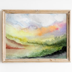 Peaceful Sunrise Printable Watercolor Landscape Art Soft Morning Hills Painting Simple Nature Wall Decor Orange Green Poster Digital Artwork