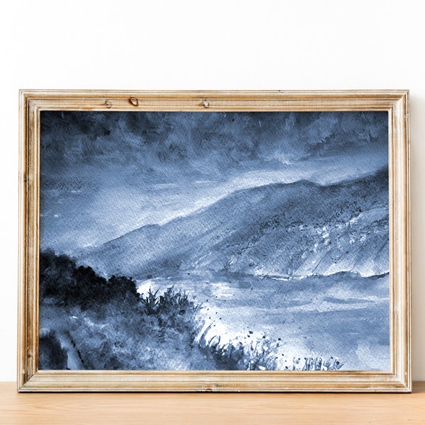 Dark Blue Panoramic Wall Art Watercolor Mountains Lake Stormy Sky Painting Moody Printable Nature Poster Downloadable Monochrome Wall Decor