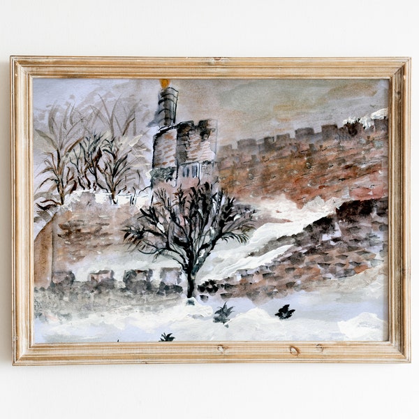 Jerusalem Walls Handmade Painting Printable Watercolor Israel Winter Snow Landscape Prints Neutral Colors Art Downloadable Holy Land Gifts