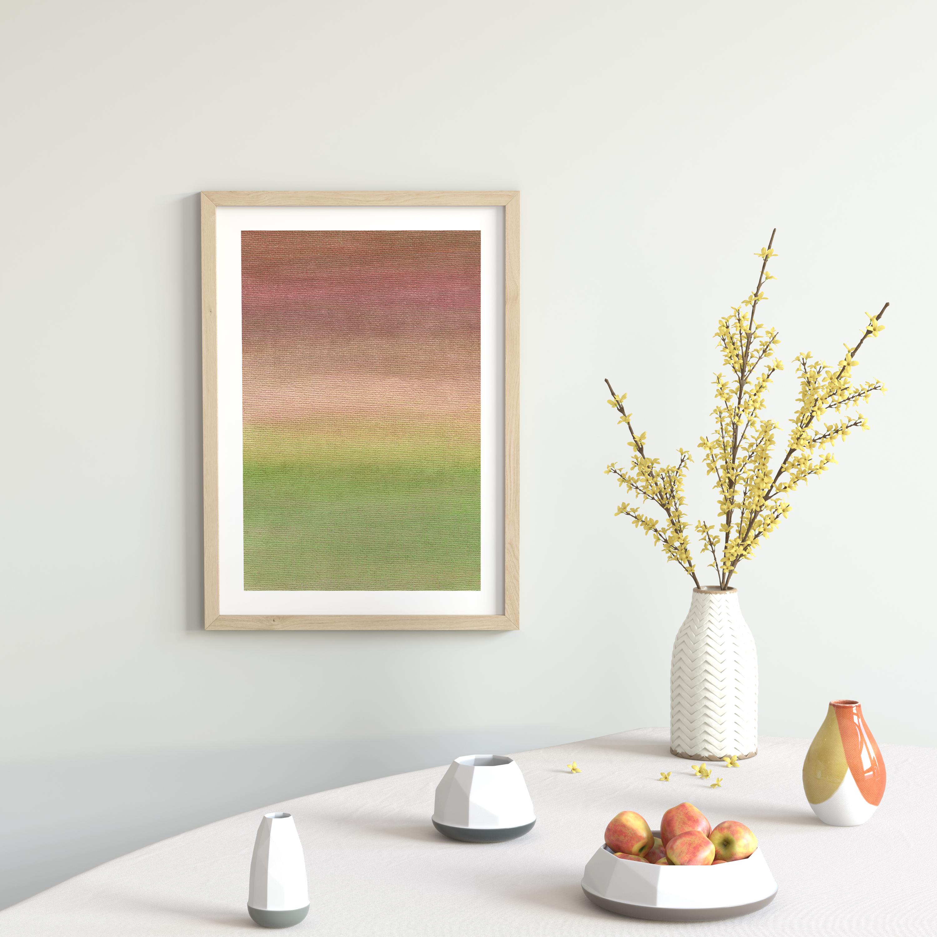 グラデーションの茶色と緑の絵画、素朴な抽象アクリルアート、ミニマル