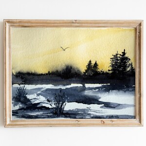 Pintura de la Hora Dorada Tranquila, Acuarela, Paisaje Invernal, Arte Pintado a Mano, Escena de Bosque Oscuro, Póster, Decoración de Pared Minimalista Nórdica, Arte Nevado, Regalo