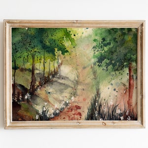 May include: A watercolour painting of a woodland path with green trees and a brown dirt path. The path is lined with white flowers and the trees cast shadows on the ground.