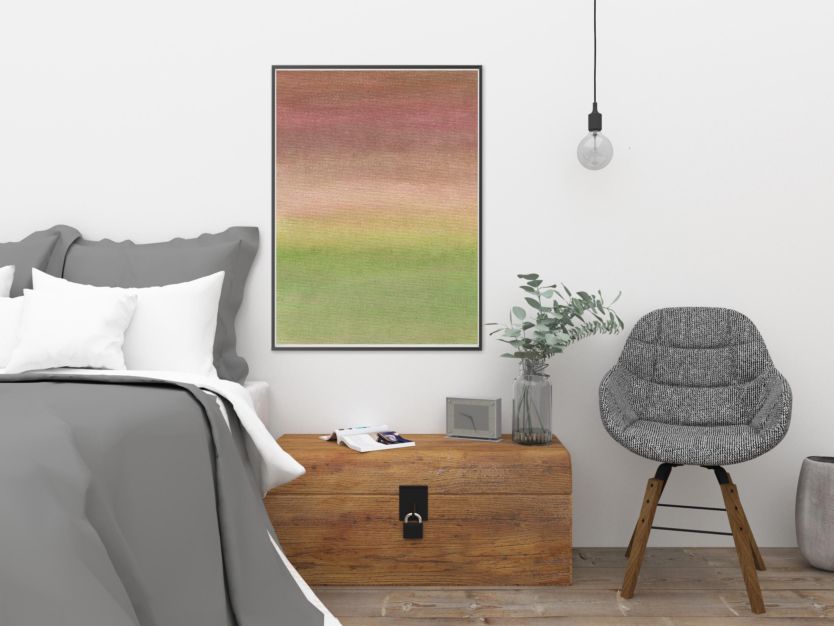 グラデーションの茶色と緑の絵画、素朴な抽象アクリルアート、ミニマル