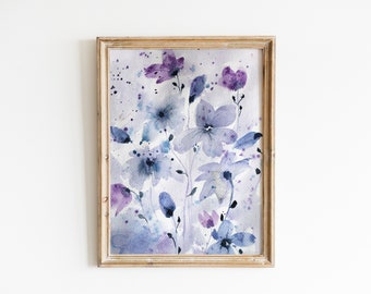 Abstract Blue Flowers Painting Watercolor Spring Art Printable Floral Wall Decor Botanical Hand Painted  Artwork Downloadable Poster Prints