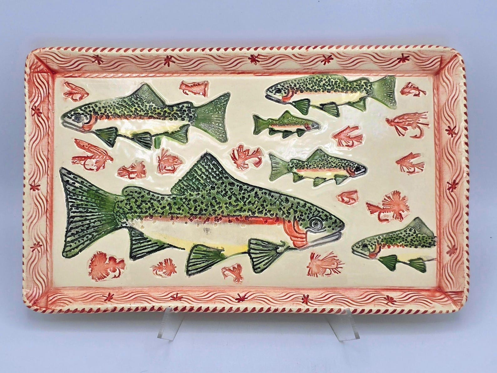 Trout and Flies Serving Platter - Red