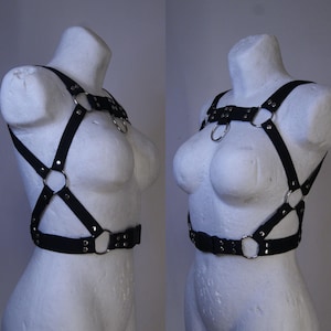 Puede incluir: Arnés de cuero negro con anillos y hebillas de metal plateado. El arnés tiene correas ajustables y está diseñado para ajustarse perfectamente al pecho y la cintura.