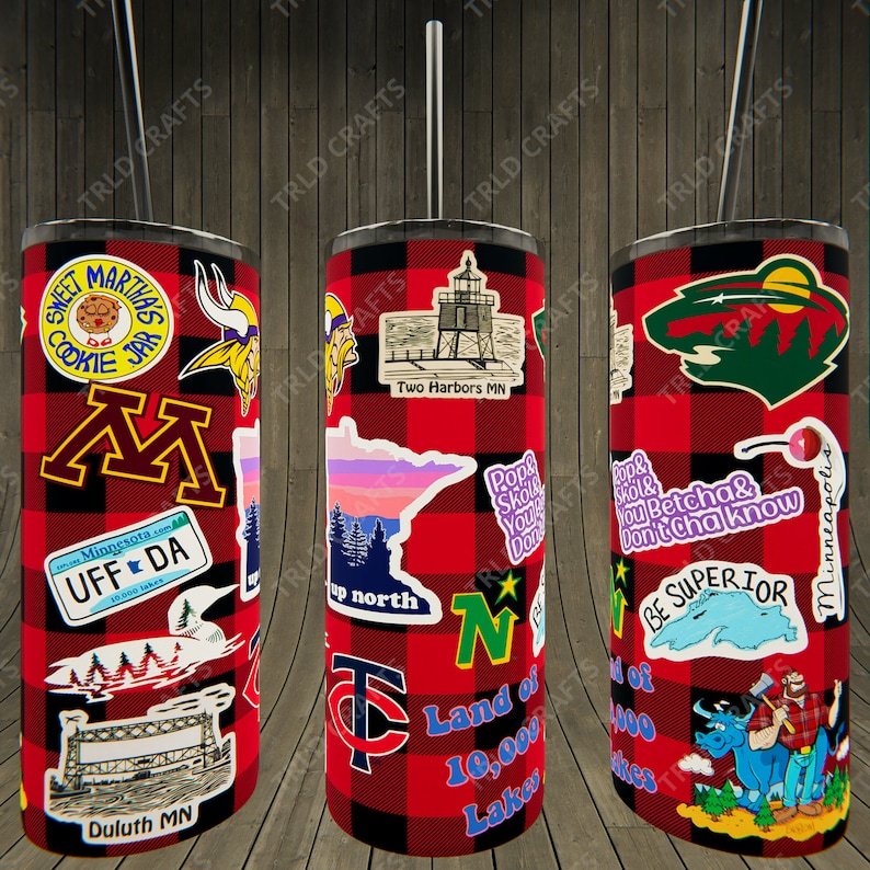 May include: A red and black tumbler with various Minnesota-themed stickers, including a University of Minnesota logo, a "Land of 10,000 Lakes" sticker, and a "Pop & Skol" sticker. The tumbler is decorated with a buffalo plaid pattern.