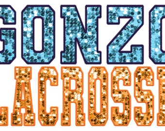 May include: A white background with the words "GONZO LACROSSE" in blue and orange sparkly letters.