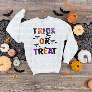 GLITTER TRICK or TREAT png, Glitter spooky season png faux embroidery, faux sequins, faux glitter png, Bling Halloween png Glitter Halloween