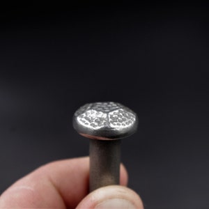 May include: Close-up of a silver nail with a hammered, faceted head. The nail's head has a textured surface and a rounded shape. The nail is held against a dark background, highlighting its metallic sheen.