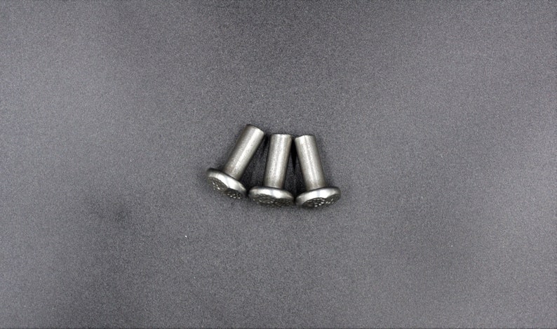 May include: Three silver-colored rivets with a textured, flower-like head. The rivets are cylindrical with a slightly wider head. They are arranged on a gray surface.