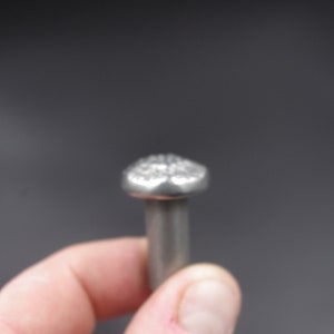 May include: Close-up of a silver nail with a textured head. The nail is held in a hand against a dark gray background. The head of the nail has a decorative pattern.