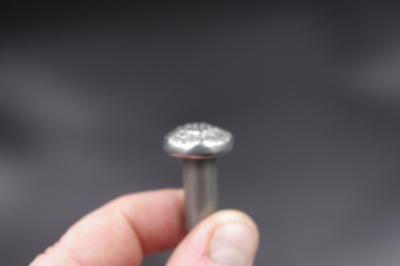 May include: Close-up of a silver nail with a textured head. The nail is held in a hand against a dark gray background. The head of the nail has a decorative pattern.