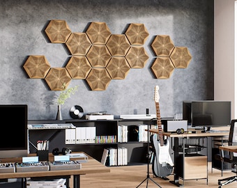 Sound Absorbing Panels, Flat Hexagon Mosaic, Sleek Wood Wall Tiles, Modern Hallway Decor, Acoustic Honeycomb Art