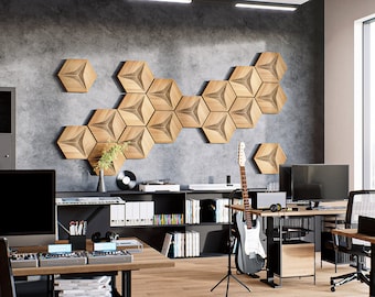 Sound Absorbing Panels, Flat Hexagon Tiles, Modern Office Acoustics, Noise Reduction Art, Minimalist Workspace Decor