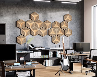 Sound Absorbing Panels, Flat Hexagon Wood Tiles, Minimalist Acoustic Art, Honeycomb Wall Decor, Office Noise Reduction