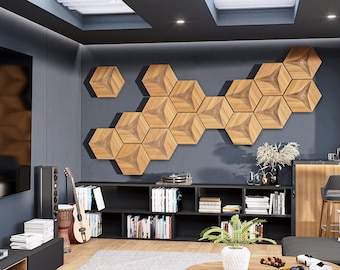 Sound Absorbing Panels, Art Deco Hexagon Tiles, Carved Wood Acoustic Art, Decorative Noise Reduction, Patterned Office Decor