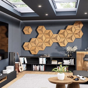 Art Deco Wood Acoustic Panels: Aesthetic Sound Diffuser Wall Art with Abstract Carvings for Room Decor HEXAGO FLAT CM-D
