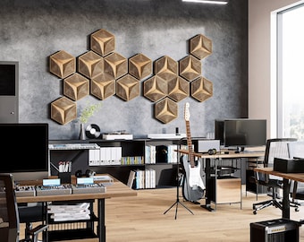 Sound Absorbing Panels, Hexagon Acoustic Wood, Sound Dampening Art, Noise Reduction Tiles, Modern Office Wall Decor