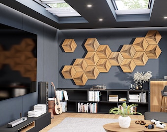 Sound Absorbing Wall Art, Decorative Acoustic Panels, Hexagon Wood Tiles, Honeycomb Noise Reduction, Modern Geometric Decor