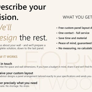 Op de afbeelding: Een informatieve afbeelding met zwarte en beige tekst op een lichte achtergrond. Het beschrijft een ontwerpservice voor op maat gemaakte wandpanelen, met het proces in drie stappen en voordelen zoals een gratis lay-outontwerp.