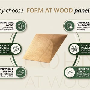 Op de afbeelding: Een lichtbruin houten paneel met een 3D geometrische vorm in het midden van een pagina met de titel Why choose FORM AT WOOD panels? Zes omliggende groene ovale labels vermelden kenmerken zoals 100% natuurlijk hout, duurzaamheid, verantwoorde bronnen, eenvoudige doe-het-zelf installatie, hernieuwbaar oppervlak en uniek 3D-ontwerp.