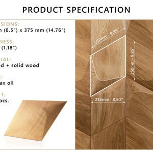 roduct specification of a 3D wood wall panel showing its size (216 mm x 375 mm), thickness (30 mm), material (plywood + solid wood), and finish (hard wax oil). A close-up of the wooden 3D wall panel highlights its natural texture and geometric design, ideal for wood wall decor, accent walls, and acoustic wall panels.