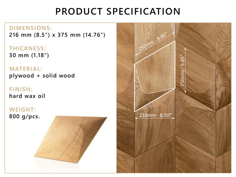 roduct specification of a 3D wood wall panel showing its size (216 mm x 375 mm), thickness (30 mm), material (plywood + solid wood), and finish (hard wax oil). A close-up of the wooden 3D wall panel highlights its natural texture and geometric design, ideal for wood wall decor, accent walls, and acoustic wall panels.