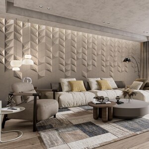 May include: A modern living room with a neutral color palette. The focal point is a textured wall with a geometric pattern. A large sectional sofa with yellow pillows, a round coffee table, and a patterned rug complete the space. Decorative lighting and a floor lamp add to the ambiance.