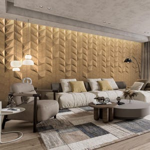 May include: A modern living room with a large sectional sofa, a patterned rug, and a wooden accent wall. The room features a coffee table, a side table, and a floor lamp. The color palette includes beige, brown, and yellow tones.