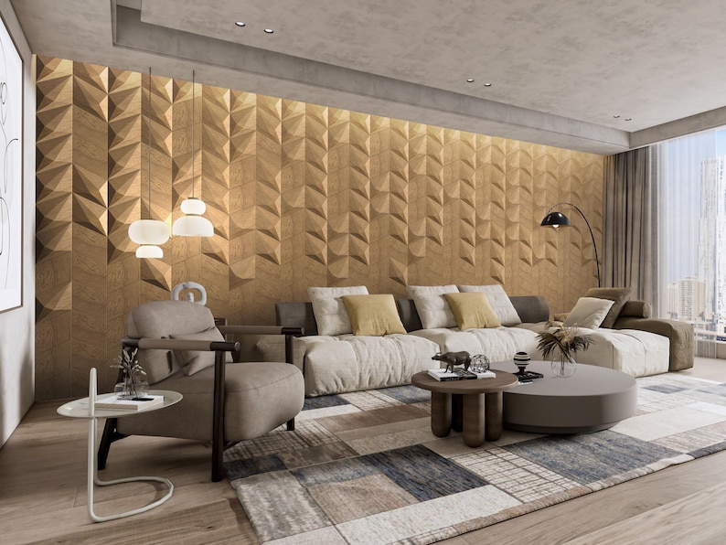 May include: A modern living room with a large sectional sofa, a patterned rug, and a wooden accent wall. The room features a coffee table, a side table, and a floor lamp. The color palette includes beige, brown, and yellow tones.