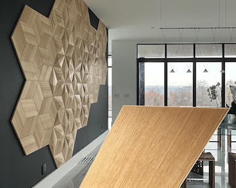 Wood Accent Wall, Decorative Wood Panels for Walls, Geometric CARO Pattern, Textured Wall Art, Large Bedroom Headboard Decor