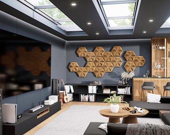 Sound Absorbing Panels, 3D Hexagon Wall Decor, Textured Wood Feature Wall, Home Theater Acoustic, Sculptural Art