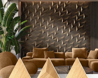 Walnut Wood Wall Panels, 2D & 3D Geometric Mix, Textured Relief Art, Architectural Shadow Play, Dark Wood Accent Wall