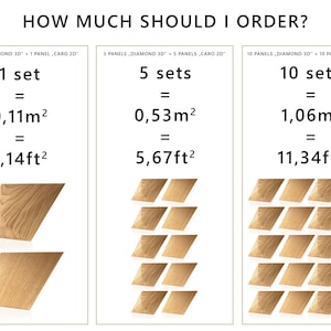 May include: Image with text: "HOW MUCH SHOULD I ORDER?" Displays sets of wooden panels with measurements in square meters and square feet. The image shows 1 set, 5 sets, and 10 sets, with corresponding area measurements.