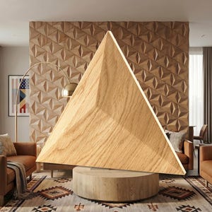 May include: A large, triangular wooden sculpture with a light brown, natural wood grain finish. The object features a sharp, pointed top and a wide base, displaying a smooth, flat surface that highlights the organic texture of the wood material.