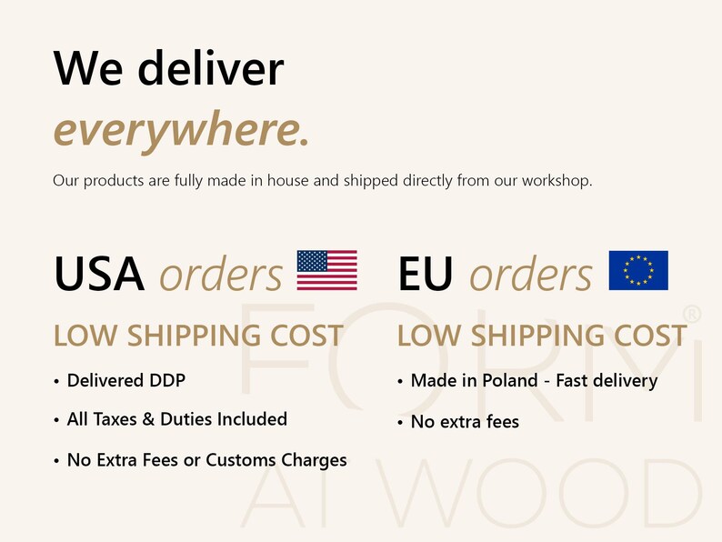 Op de afbeelding: Een informatieve afbeelding met zwarte en beige tekst op een lichte achtergrond. Er staat We deliver everywhere en Our products are fully made in house. USA-bestellingen worden getoond met een vlag en EU-bestellingen met een EU-vlag.