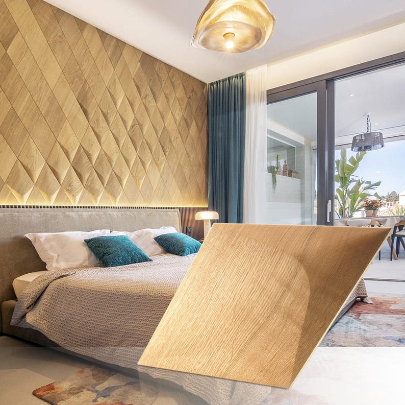Modern bedroom with a warm and inviting atmosphere, featuring a stunning 3D wood accent wall made of diamond-shaped panels in a natural oak finish. The textured wall art adds depth and elegance behind the bed, enhanced by subtle backlighting. Perfect for bedroom wall decor, wood accent walls, and contemporary interior design.